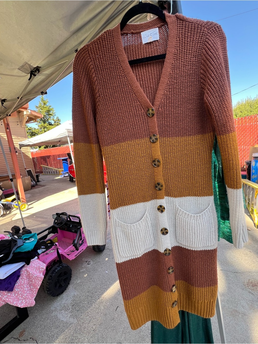 Olive & Oak Colorblock Button-Front Cardigan in Rust, Mustard & Cream